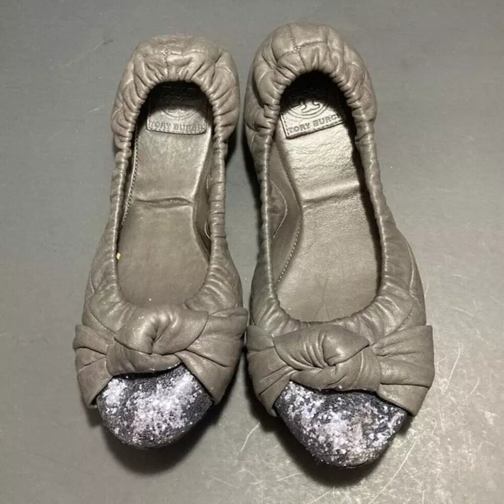 TORY BURCH Katie Ballet Flats Grey Leather Knot & Blue Glitter Deco Size 9.5M